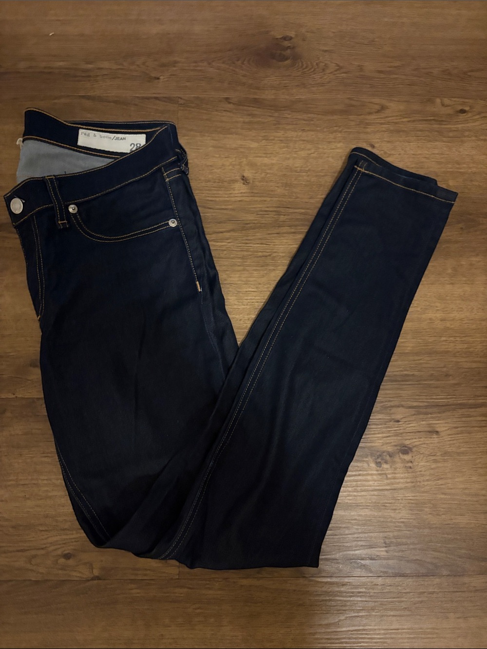 rag & bone Dark Blue Skinny Jeans with Contrast Stitching